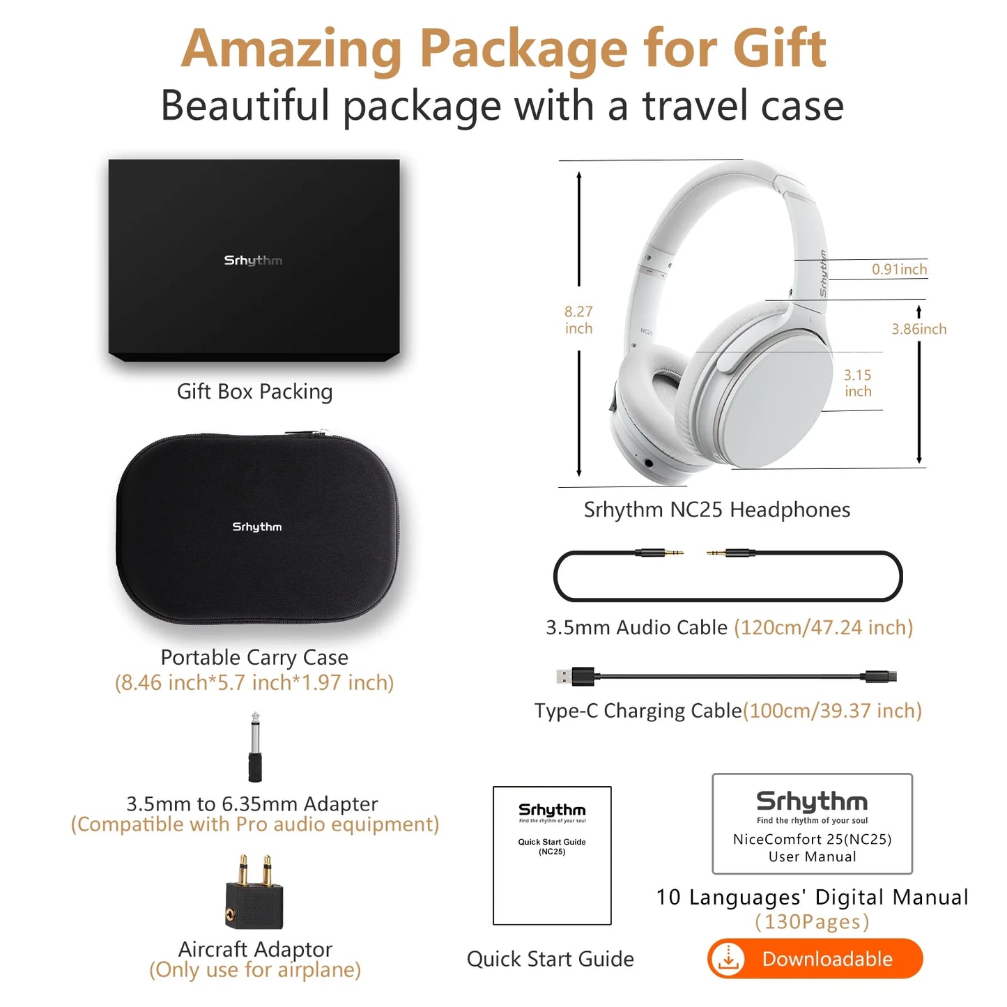NC25 Active Noise Cancelling Headphones Bluetooth 5.3, Over-Ear with ANC ,Mic,50H Playtime, Voice Assistant